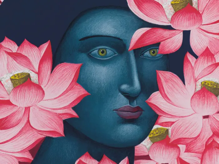 Nicolas Party, Portrait with Lotus Flowers, 2024, Courtesy the artist and Hauser & Wirth; Foto: Adam Reich Illustration einer Frau mit dunklem Haar, umgeben von großen rosa Lotusblumen mit gelben Samenständen